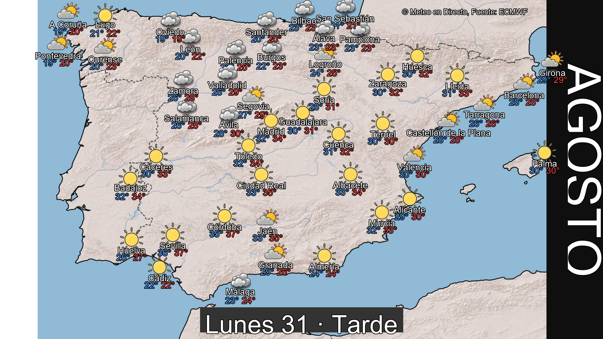 Previsión del tiempo España 31 de agosto de 2026 mapa tarde