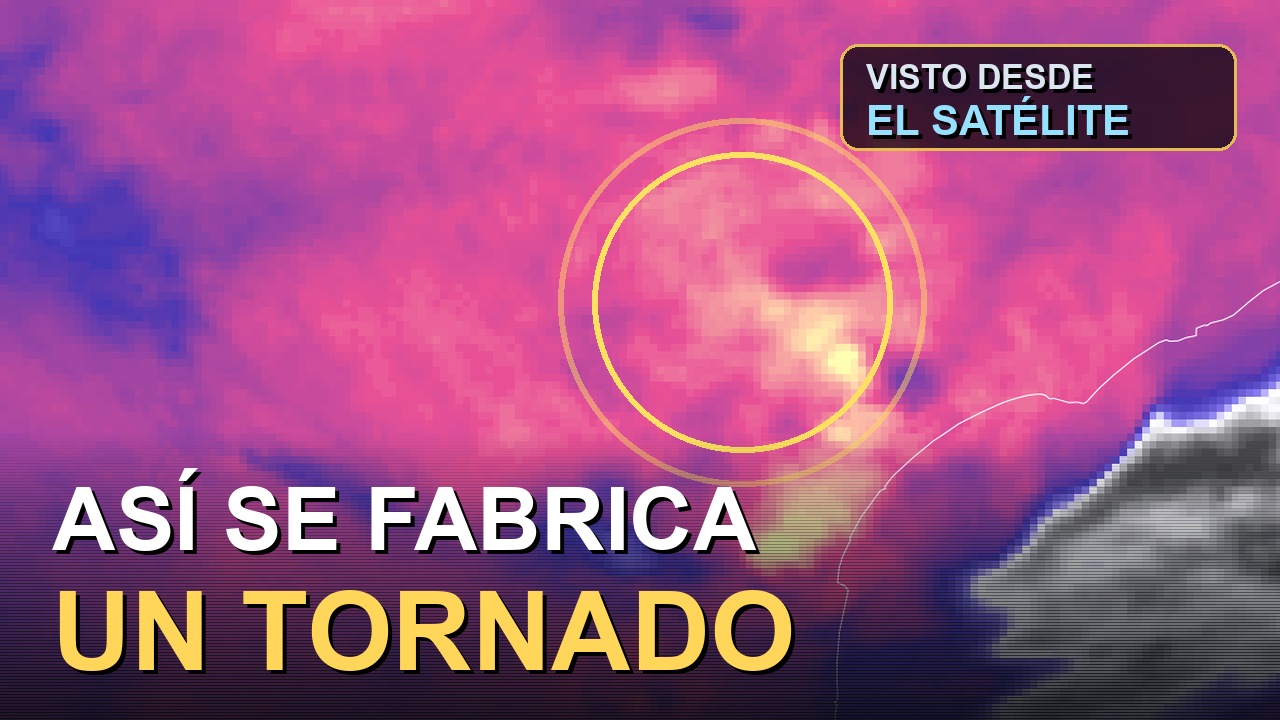 La tormenta del tornado de Pomas vista por el Meteosat, con el tope frío señalado