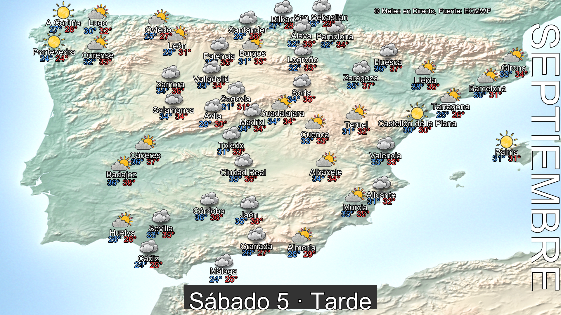 Previsión del tiempo España 5 de septiembre de 2026 mapa tarde