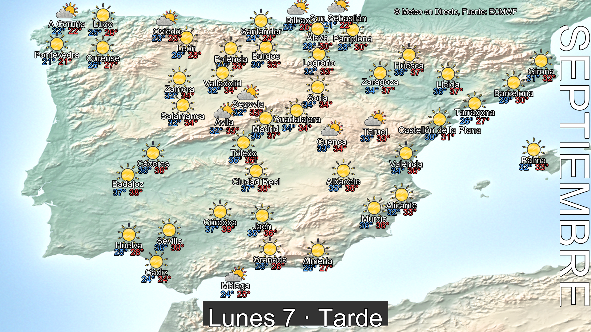 Previsión del tiempo España 7 de septiembre de 2026 mapa tarde