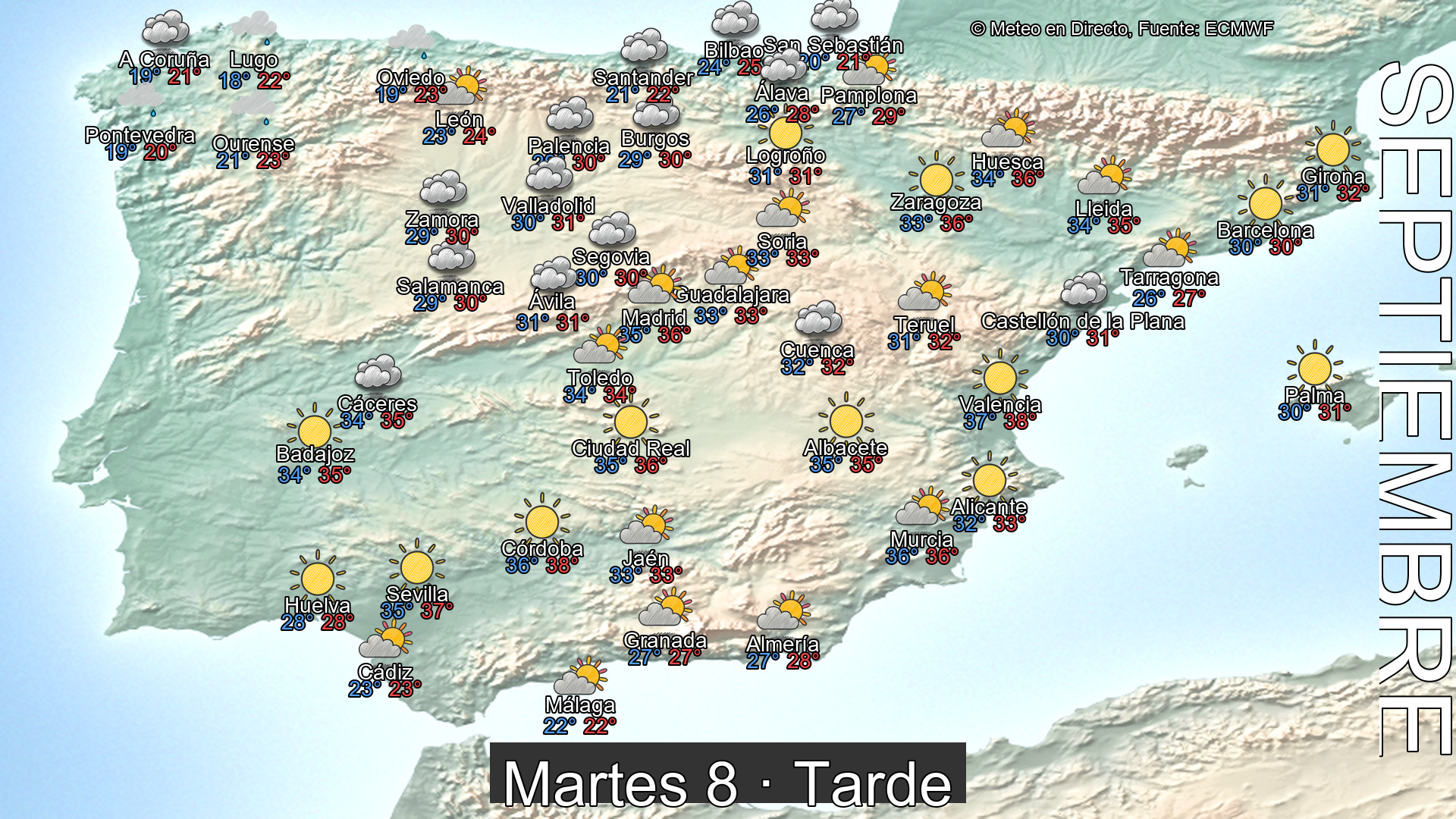 Previsión del tiempo España 8 de septiembre de 2026 mapa tarde