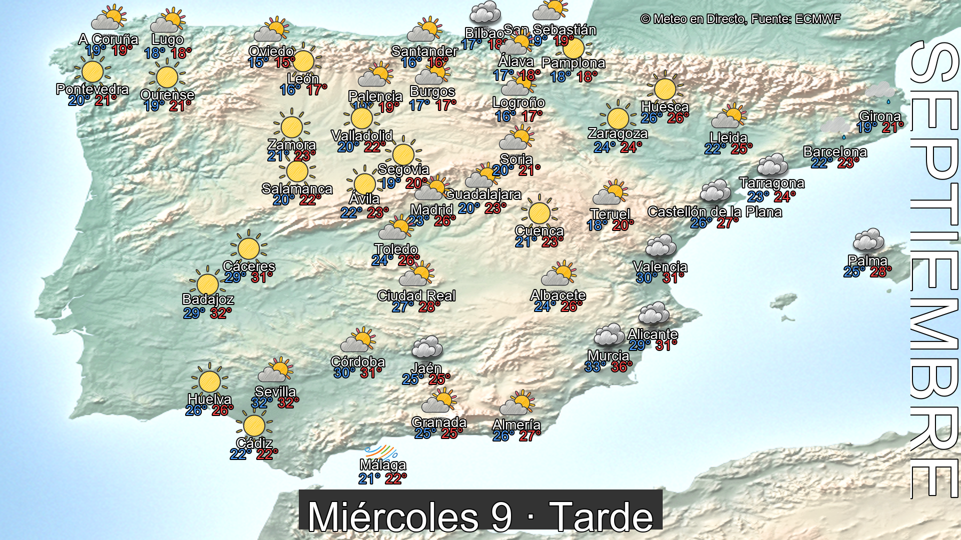 Previsión del tiempo España 9 de septiembre de 2026 mapa tarde