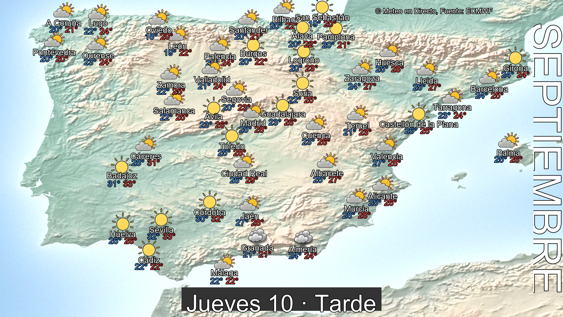 Previsión del tiempo España 10 de septiembre de 2026 mapa tarde