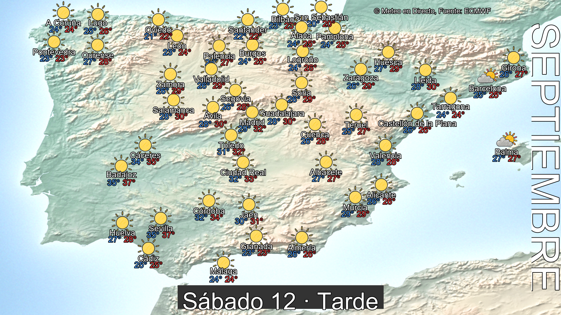 Previsión del tiempo España 12 de septiembre de 2026 mapa tarde