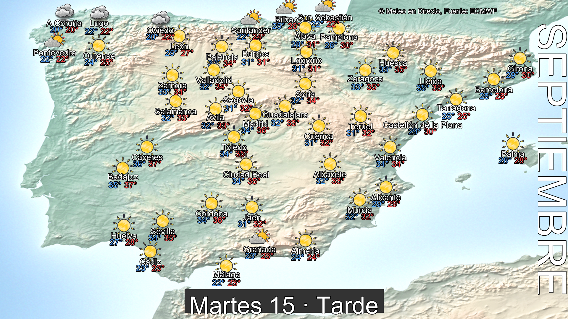 Previsión del tiempo España 15 de septiembre de 2026 mapa tarde